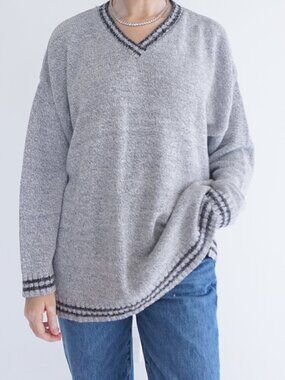 Vintage EasyWare Grey V Neck Stripe Trim Knit Collegiate Sweater Preppy L